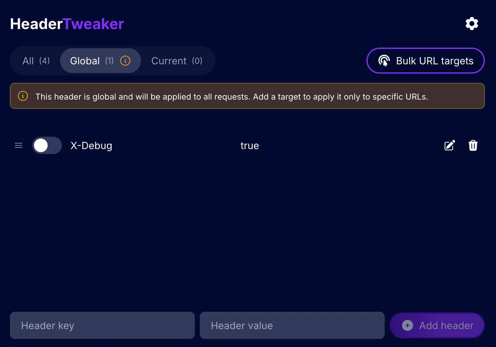 The Global tab showing one header with a notice that global headers apply to all requests